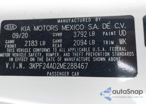 2021 Kia Forte Lxs from USA, damaged, VIN 3KPF24AD2ME288467